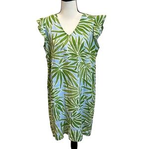 Sigrid Olsen Linen Dress Tropical Blue Green Palm Print Size Medium